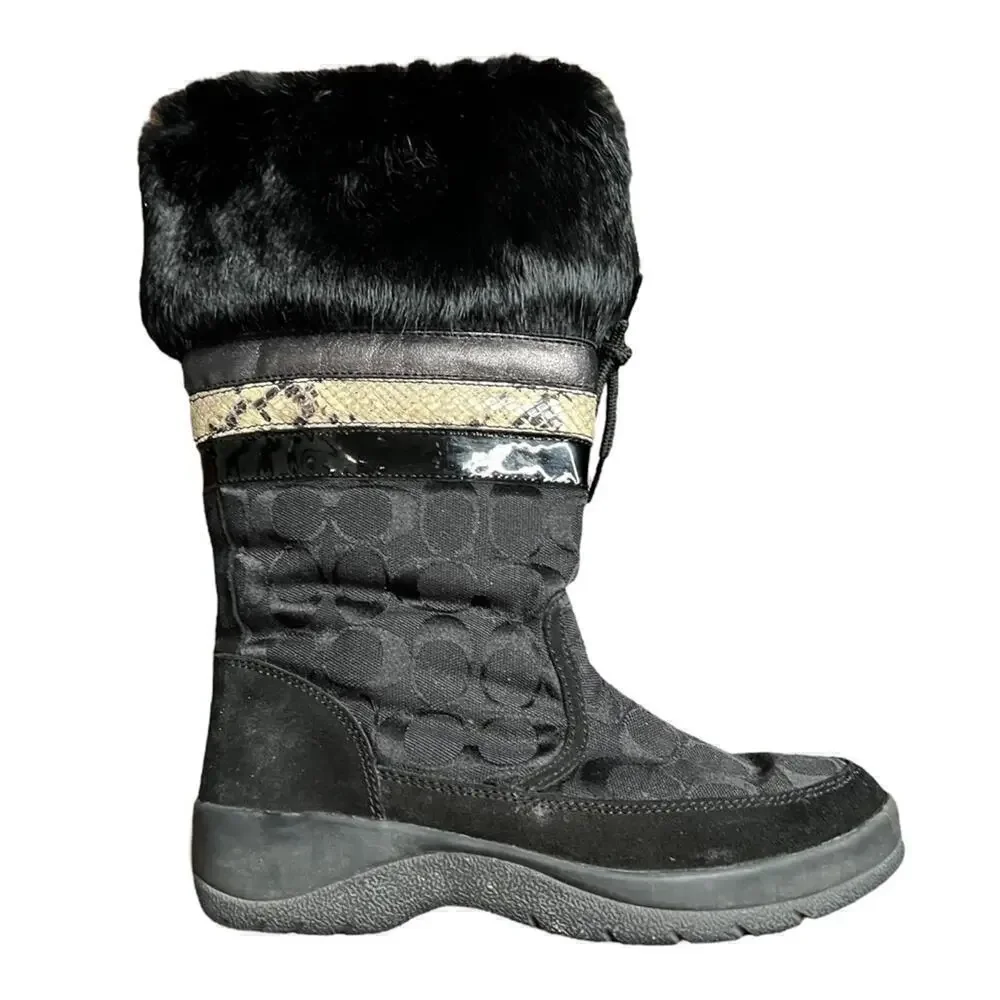 ▶️ Coach ◀️ Lorna Black Monogram Boots With Rabbit Fur Trim Size 7